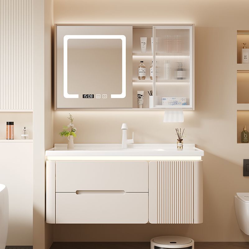 Oak Door Panel Cream Wash Basin Cabinet Combination Bathroom Cabinet Ceramic Integrated Basin Bathroom Sink Sensor Bathroom Cabinet
