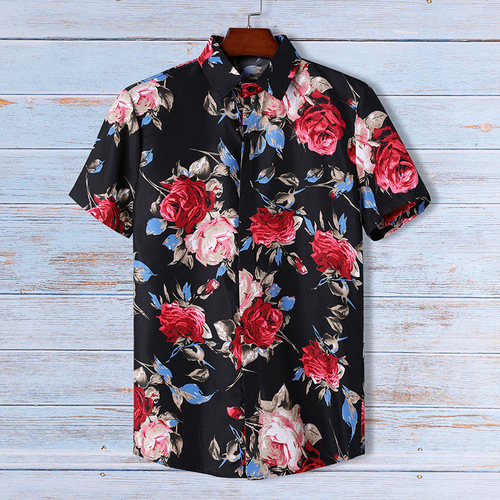  Rose flowers beach Hawaii lapel floral printed shirts with short sleeves father day gift men shirt