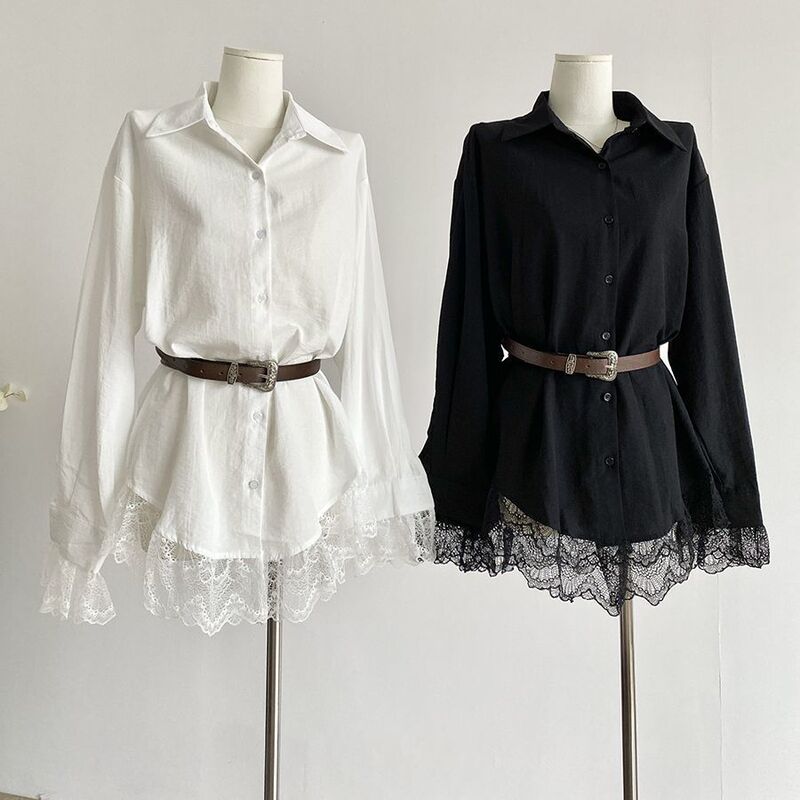 Zhao Lusi's Same Style Spring and Autum Asymmetrical Lapel Dress Belt Sexy White Long-Sleeved Shirt Women's Shirt