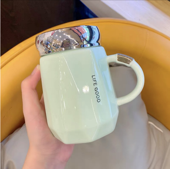 Taza de cerámica para parejas de alta gama - Con tapa - Para hogar y oficina - Gran capacidad y diseño Instagrameable - En caja de regalo