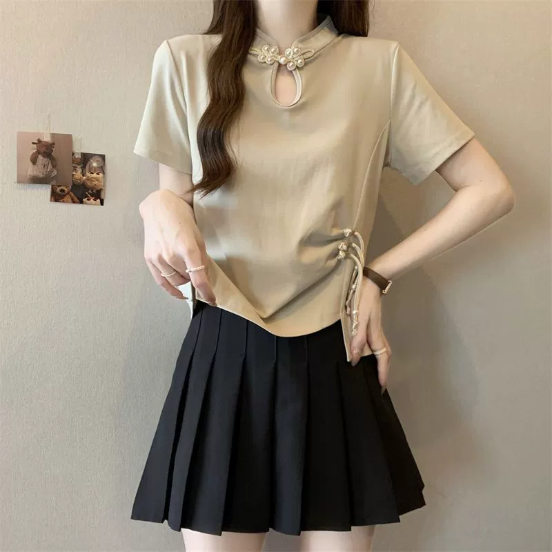 Новый китайский стиль нерегулярные полые узлы с короткими рукавами футболки женские летние 2024 новые женские тонкие топы женские