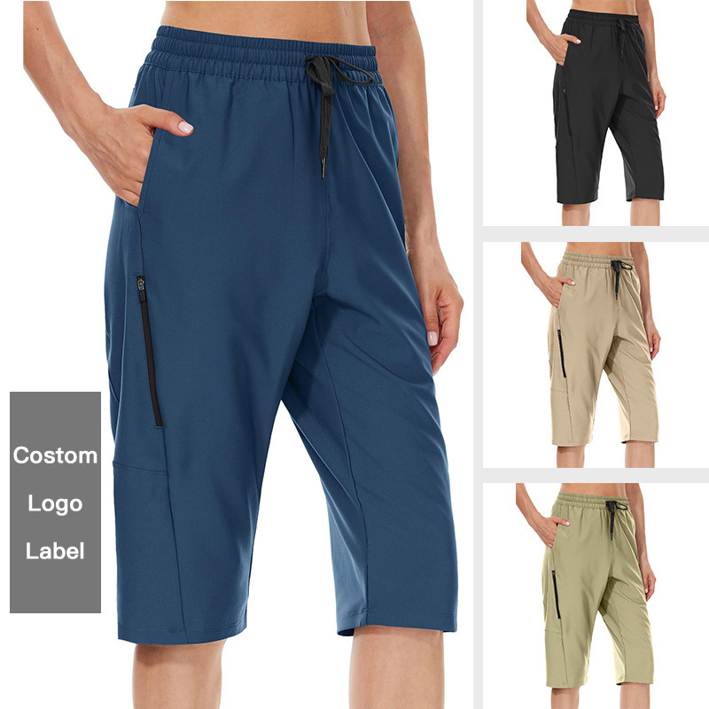 Cross-border Amazon 2024 Women's Casual Cropped Pants High Waist Straight Pocket with Zipper Pocket Outdoor Fitness Running Pants