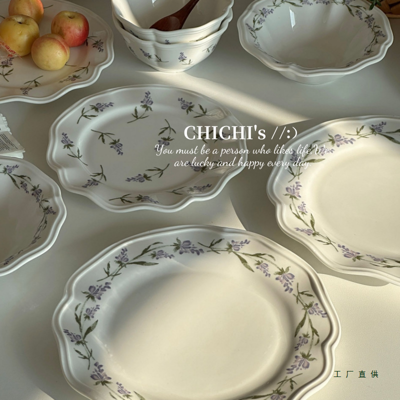 French Pastoral Style Lavender Floral Series Ceramic Tableware Set for Home Use, Including Rice Bowls, Plates, and Other Dishes French Pastoral Style Lavender Floral Series Ceramic Tableware Set for Home Use, Including Rice Bowls, Plates, and Other Dishes