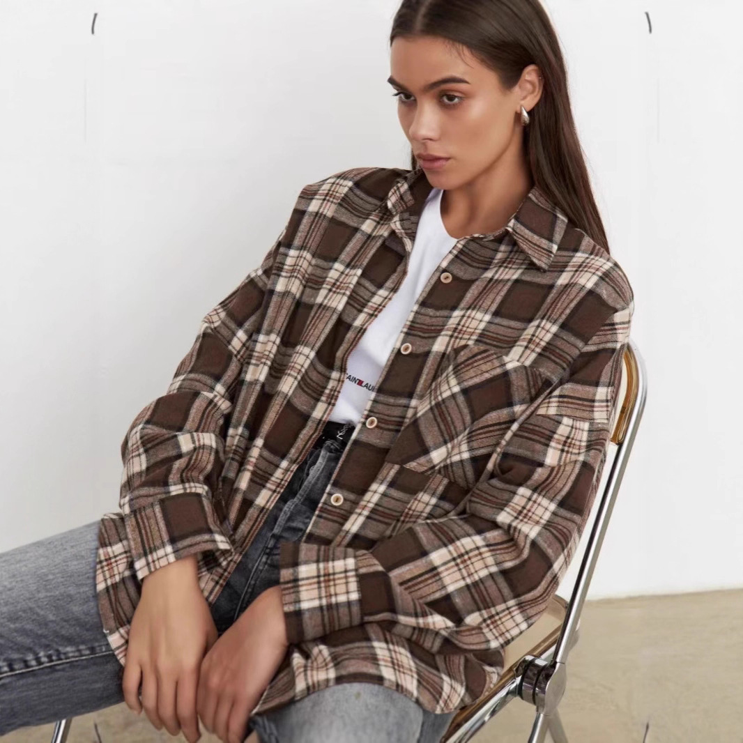 Amazon Spring and Autumn European and American Loose Retro Style Versatile Plaid Lapel Long-Sleeve Shirt Women's Jacket Pocket Shirt