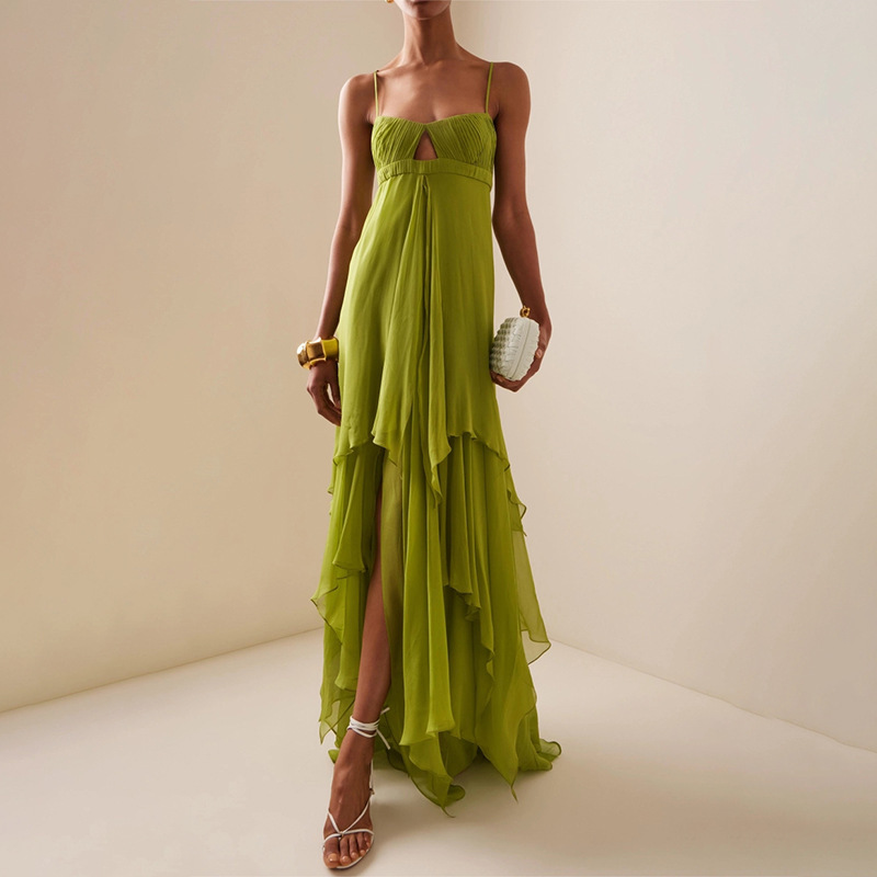 Fashionable Vacation Style Strapless Long Dress 2026 New Model Elegant Halter Irregular Design Solid Color Long Dress for Women