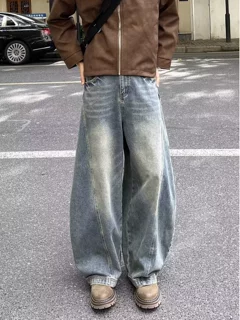 美式复古水洗拼接弯刀牛仔裤休闲宽松垂感做旧阔腿裤子直筒裤
