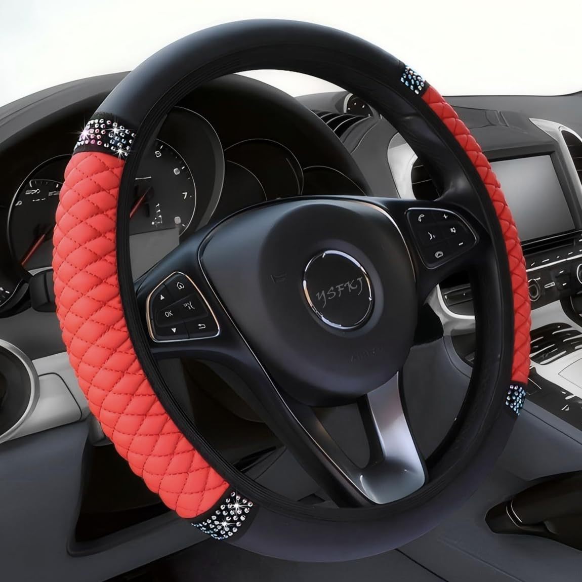 Factory Direct Sales Cross-Border Colorful Rhinestone Car Steering Wheel Cover, Leather Three-Dimensional Interior Handle Cover Without Inner Ring