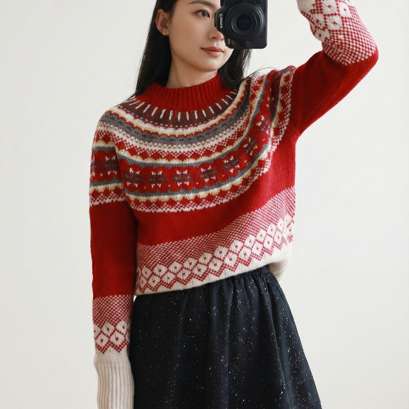 Finnish Snowland Fair Isle 100% Merino Wool Round/Half Turtleneck Sweater Contrast Color Jacquard Knitted Top