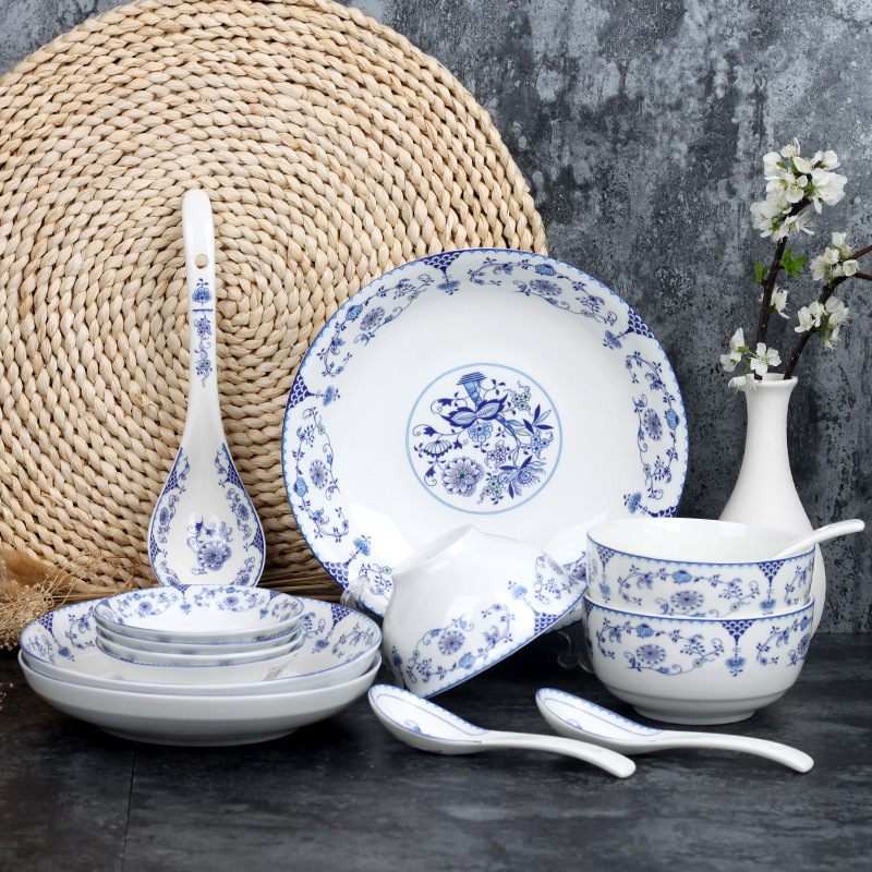 Yuntang Wish Flower Ceramic Tableware Chinese Blue and White Glaze Rice Bowl Dish Plate Round Plate Household Tableware Free Set L^