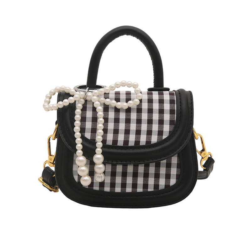 Bolso de hombro de niña a cuadros de moda coreana lindo bolso de bebé con lazo de perla mini bolso para niños de estilo occidental