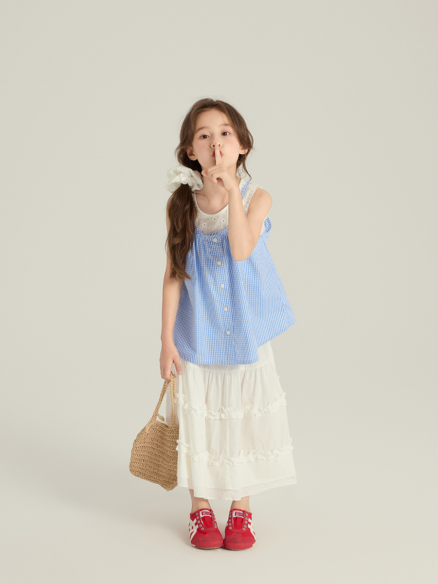 Emo Beibei Children's Wear Girl's Fresh Blue and White Plaid Doll Shirt Children's Fake Two-piece Camisole Top Summer