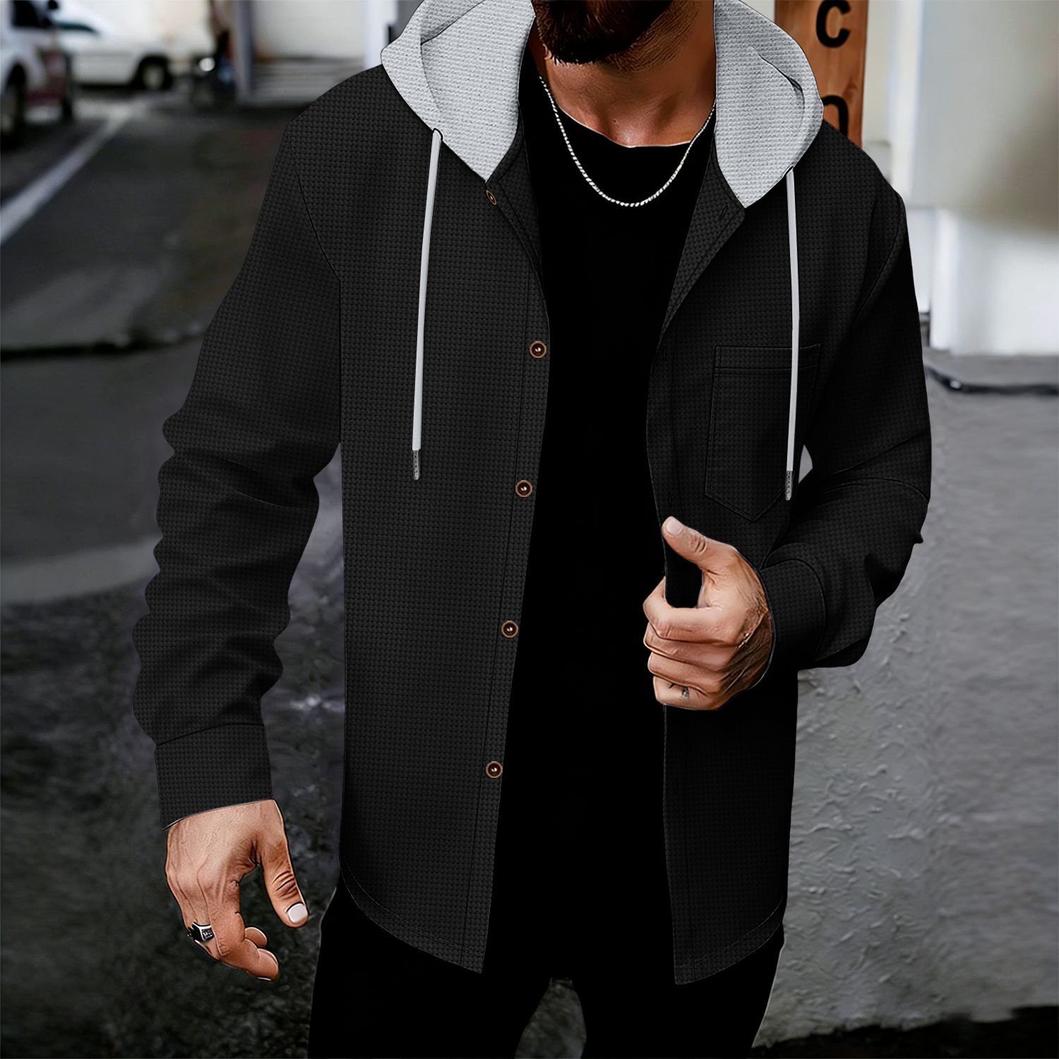 Heren wafelgebreide hoodie met zakken en knopen voor casual look_voghion.com