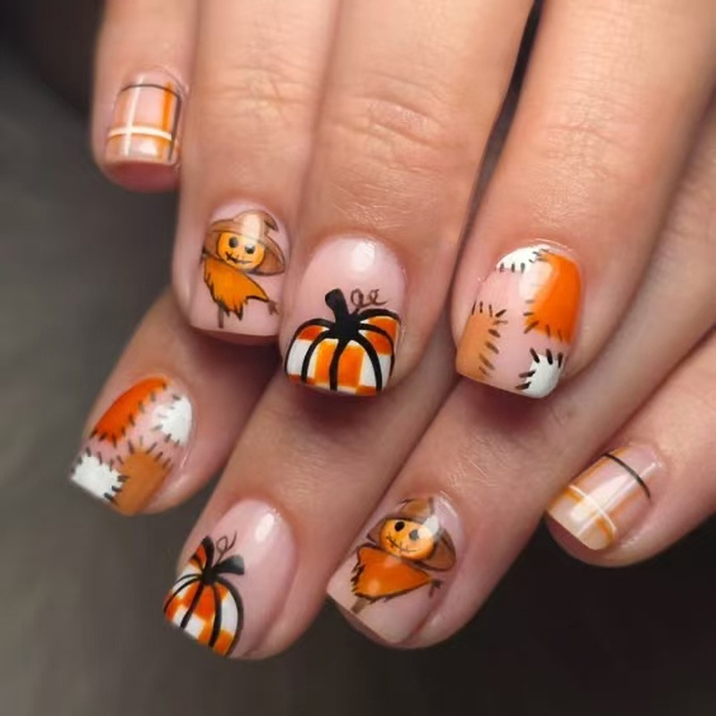 Autumn Plaid Patch Scarecrow Pumpkin Design Cross-Border Short Square Wearable Nail Art Nail Tips Fake Nail Stickers