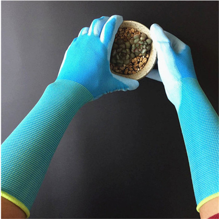 13针涤纶/尼龙掌浸PU手套浸胶花园长袖印花手套