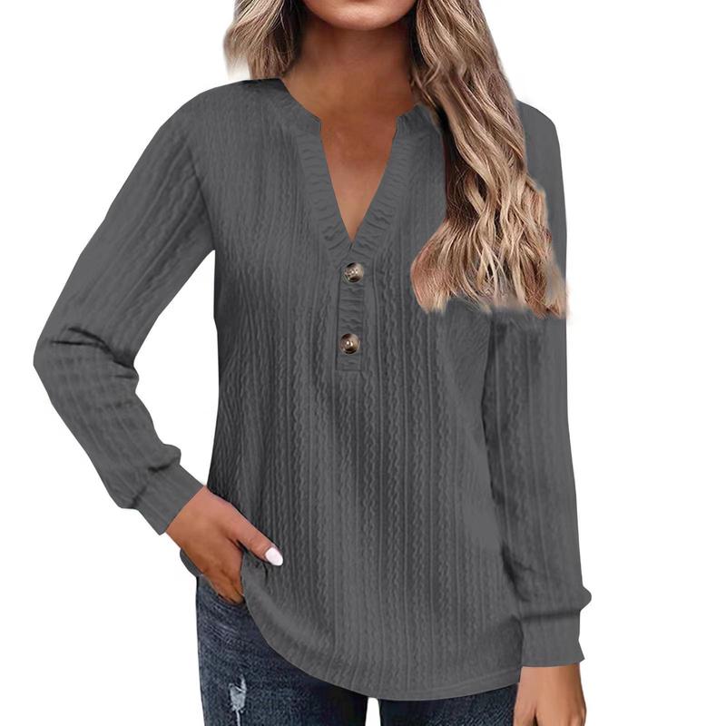 2025アマゾンクロスボーダー欧米秋冬女装独立駅新型長袖純色vネックボタンtシャツ上着女性|undefined