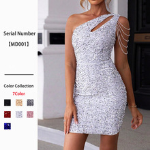 2025外贸欧美女装时尚性感单肩链细节亮片修身包臀礼服连衣裙