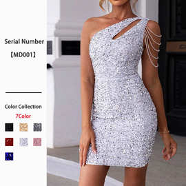 外贸跨境欧美女装夏天时尚性感裙子单肩亮片修身包臀礼服连衣裙