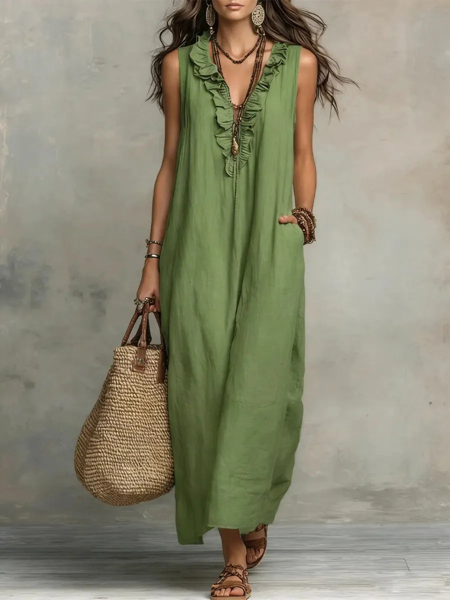 Women's V Neck Ruffled Cotton Linen Boho Maxi Dress – Breathable Casual Resort Gown With Tiered Details_ecoleips.com