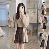 Spring playful and lively age-reducing online popular Korean drama lazy milk glutinous wind knitted cardigan sweater pleated skirt two-piece suit
