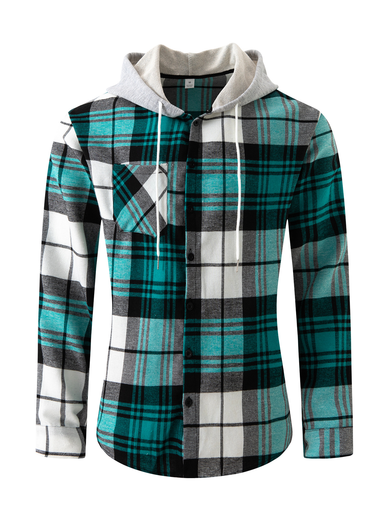 Men's Monochrome Long-sleeve Cotton Blend Hooded Plaid Shirt_voghion.com