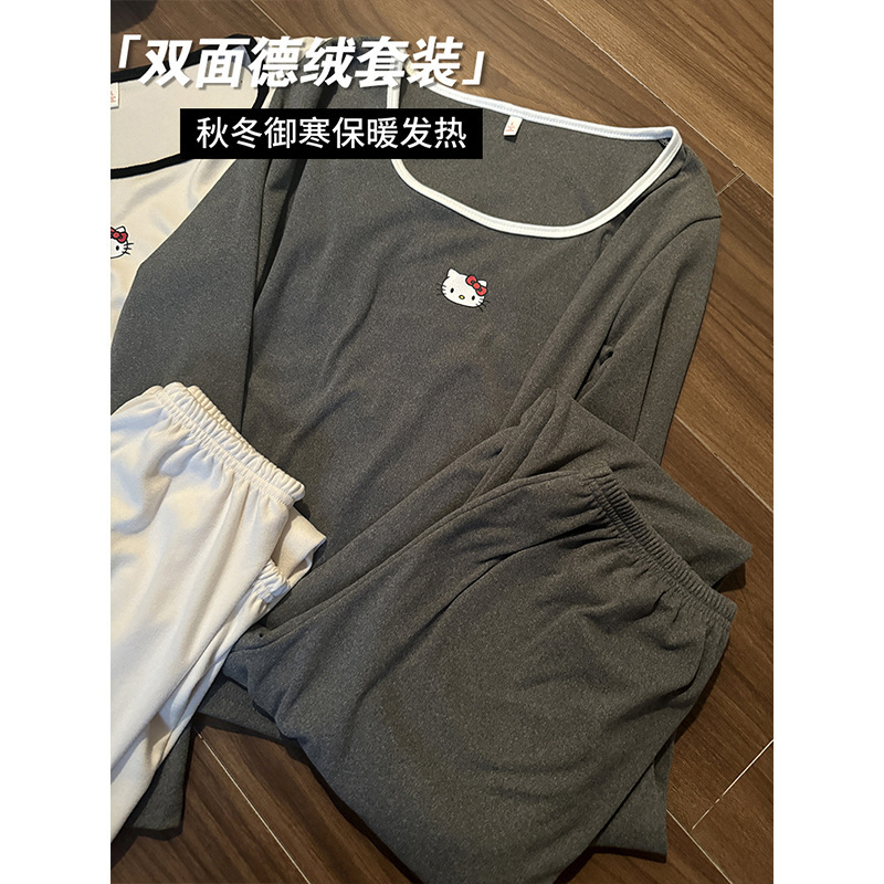 パジャマ女性秋冬両面デコルテ保温発熱下着かわいいベルベット修身底秋衣秋ズボンセット|undefined