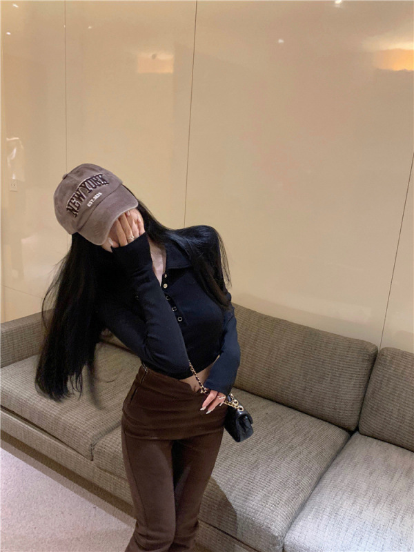 法式气质POLO领长袖短款T恤女秋新款修身显瘦辣妹内搭打底衫上衣|undefined