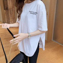 夏季宽松开叉6535棉t恤女 休闲女装不对称字母上衣大码打底衫女