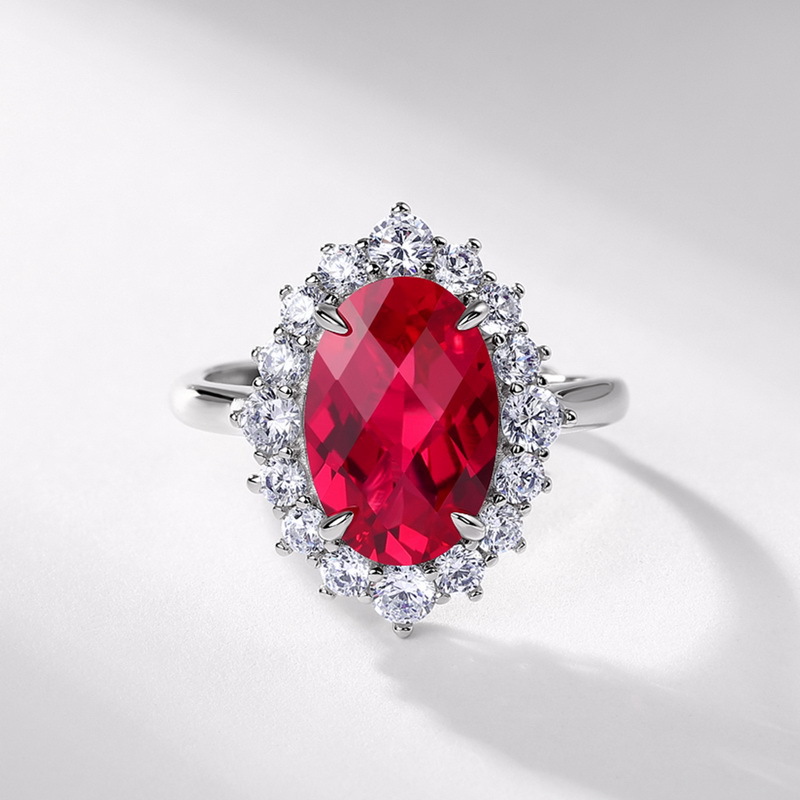 Nuevo huevo de paloma de lujo ligero transfronterizo para cultivar el anillo del tesoro rojo S925 con incrustaciones de plata para cultivar el anillo del tesoro de color Atmósfera europea y americana