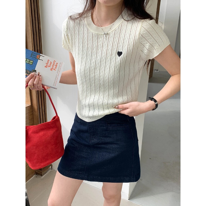 3th Morning love embroidery design sense hollow twist round neck short sleeve sweater ZY2782 3th Morning love embroidery design sense hollow twist round neck short sleeve sweater ZY2782