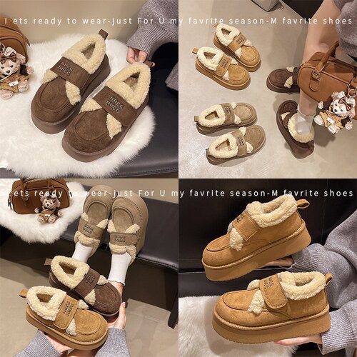 Fluffy lined cotton shoes with thick soles, cashmere snow boots, leather and fur integrated short boots, warm lined single shoes, casual shoes