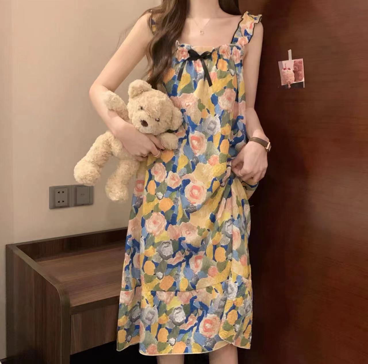 Verano nuevo pijama de algodón mujer burbuja arrugada lindos dibujos animados dulces flores literarias pijama casero al por mayor