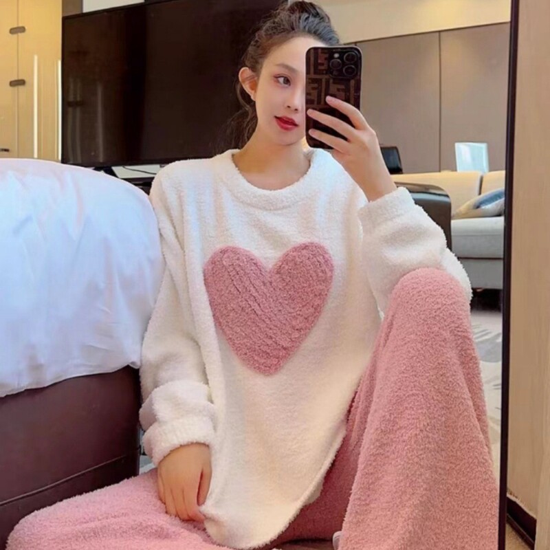 秋冬季珊瑚绒睡衣套装女加绒加厚家居服时尚可外穿法兰绒开衫睡袍|undefined