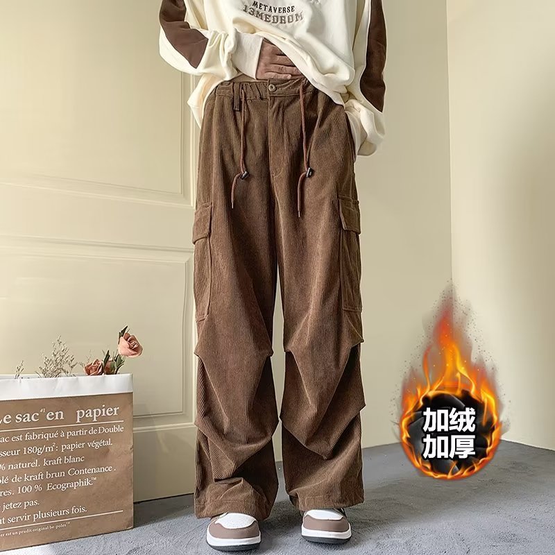 Pantalones de pana para hombre marca de moda americano retro gran bolsillo con pies, monos, pantalones casuales sueltos con cordón de primavera y otoño