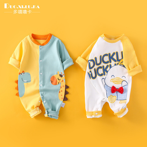 A drop-shipping newborn baby jumpsuit, spring and autumn pure cotton, cute long-sleeved romper, male and female baby full month