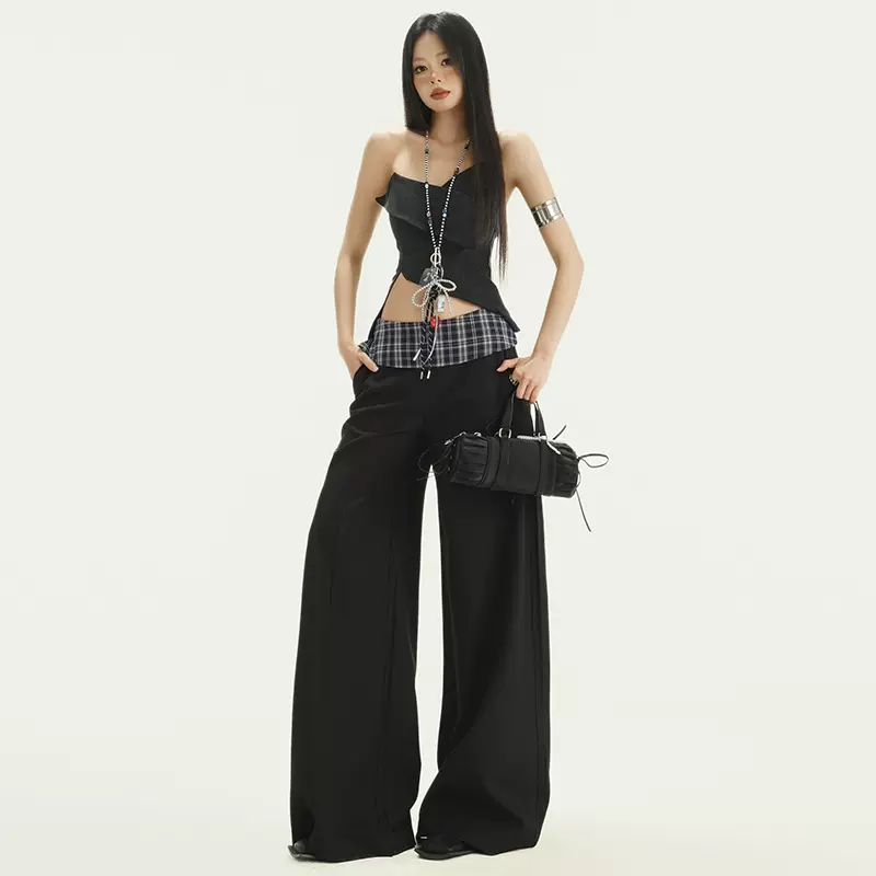 2025春夏季新款格子拼接西装裤女设计感高腰阔腿裤宽松休闲拖地裤