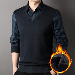 High-end fashion fleece-lined fake two knitwear men's 2023 autumn and winter New thickened warm shirt collar sweater