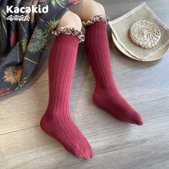 法式碎花邊寶寶新年襪批發 紅色甜美女童時尚拜年襪棉可愛公主襪