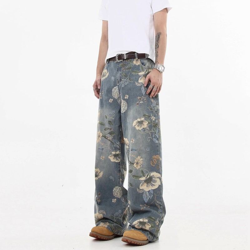 2025 Foreign Trade American Style Retro Flower Full Print Jeans Men and Women Niche Design Sense Straight Loose Wide Leg Trendy Pants