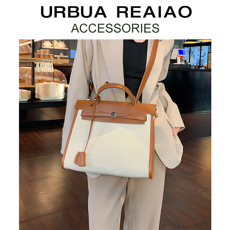 Túi tote canvas Kelly nữ phối màu tương phản, dung tích lớn, đeo chéo/vai — Kích thước lớn màu nâu và trắng, Kích thước lớn màu đen và trắng, Màu nâu cỡ lớn, Màu đen, kích thước lớn