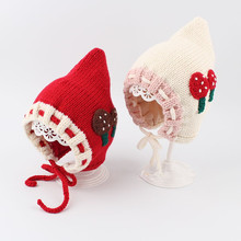 韩版淑女小蘑菇女童针织帽 秋冬护耳婴幼儿女童双层系绳毛线帽子