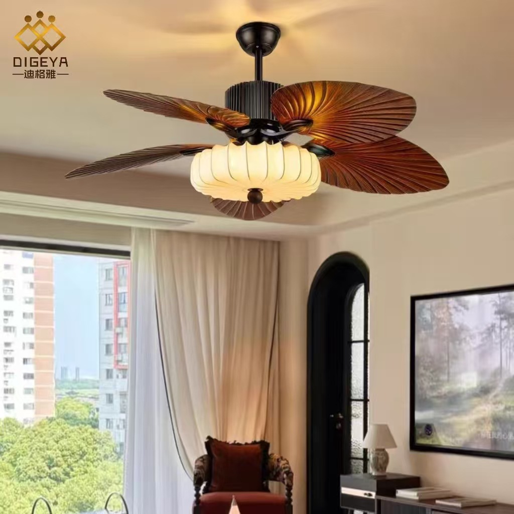 Digya French Retro Nanyang Style Living Room and Restaurant Smart Eye Protection Retro Bedroom B&B Banana Leaf Fan Lamp