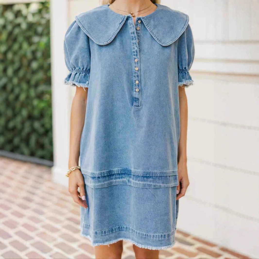 Women's Summer Denim Dress New Arrival Lapel Loose Ruffle Style_ecoleips.com