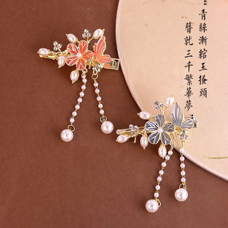 Ancient-style camellia painted tassel hairpin, vintage exquisite floral pearl side clip, Hanfu cheongsam hair accessory