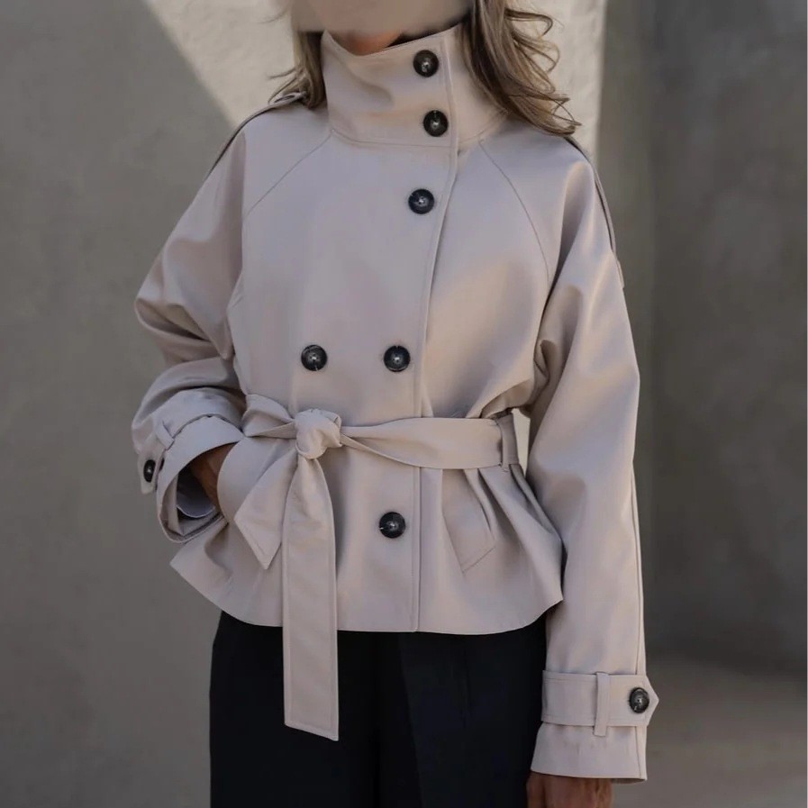 2025 European and American Clothing Amazon Long-Sleeved Pure Color Cross-Border Autumn and Winter Waist-Tie Short Woolen Jacket Jacket