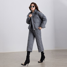 2025新款95鹅绒羽绒服套装羽绒九分裤两件套女灰色保暖立领厚外套