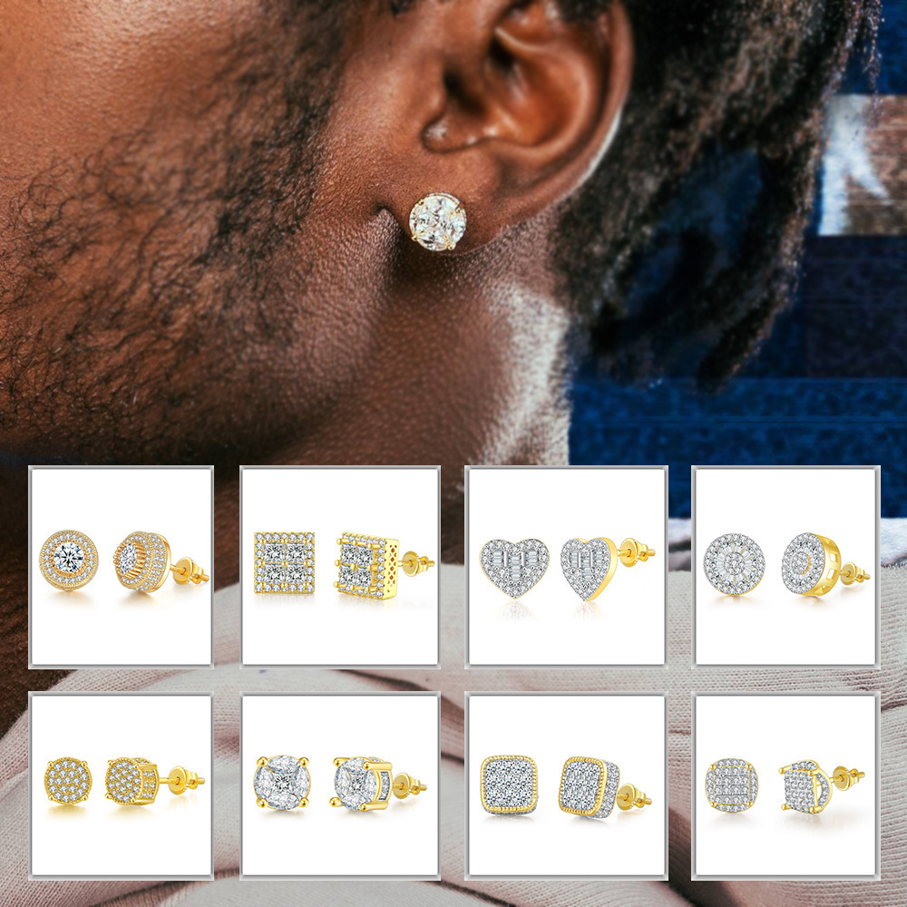 Popular Hip Hop Zircon Stud Earrings Men's And Women's Full Diamond Gold Plated Threaded Earrings Stud Earrings_voghion.com