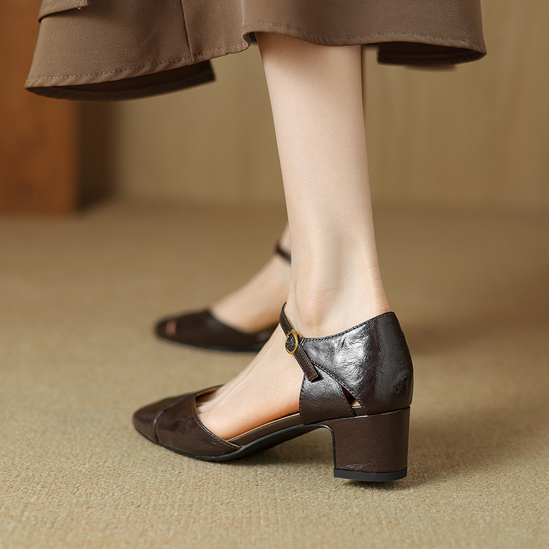 Sandal nữ quai ngang bít mũi gót cao vừa phong cách đơn giản đi làm — Màu nâu chi tiết 21