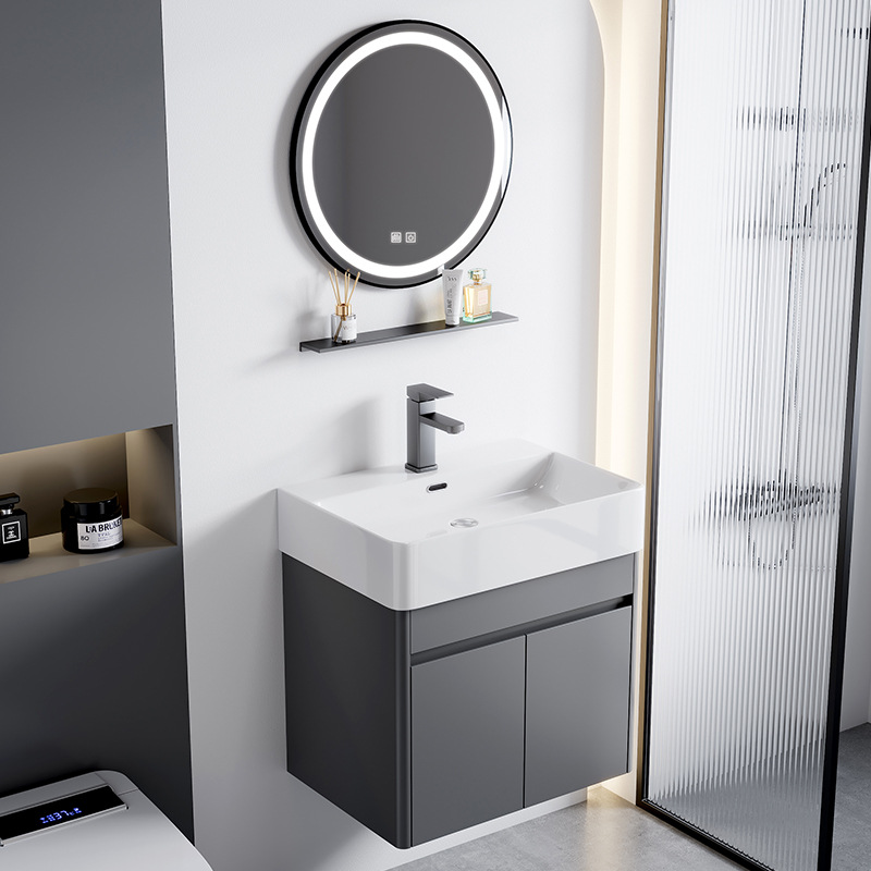 Combinación de gabinete de baño de aluminio de espacio pequeño apartamento de cerámica integrado lavabo de lavado de manos pequeño tamaño balcón lavabo esquina redondeada