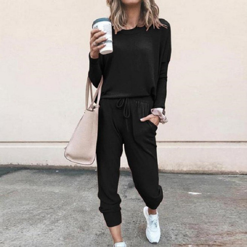 Pure color loose casual suit for women 2024 foreign trade spring and autumn new style round collar long-sleeved harem pants two-piece set