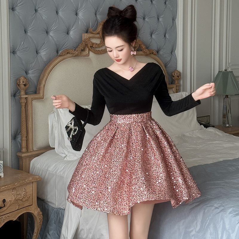 Dress for Women 2026 Spring New Style French V-Neck Exposed Collarbone Waist-Cinching Patchwork Pink Sequin Dress 65196